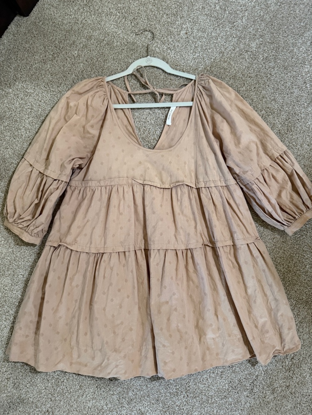Mustard Seed Blush Tan Tiered Romper Dress with Puff Sleeves